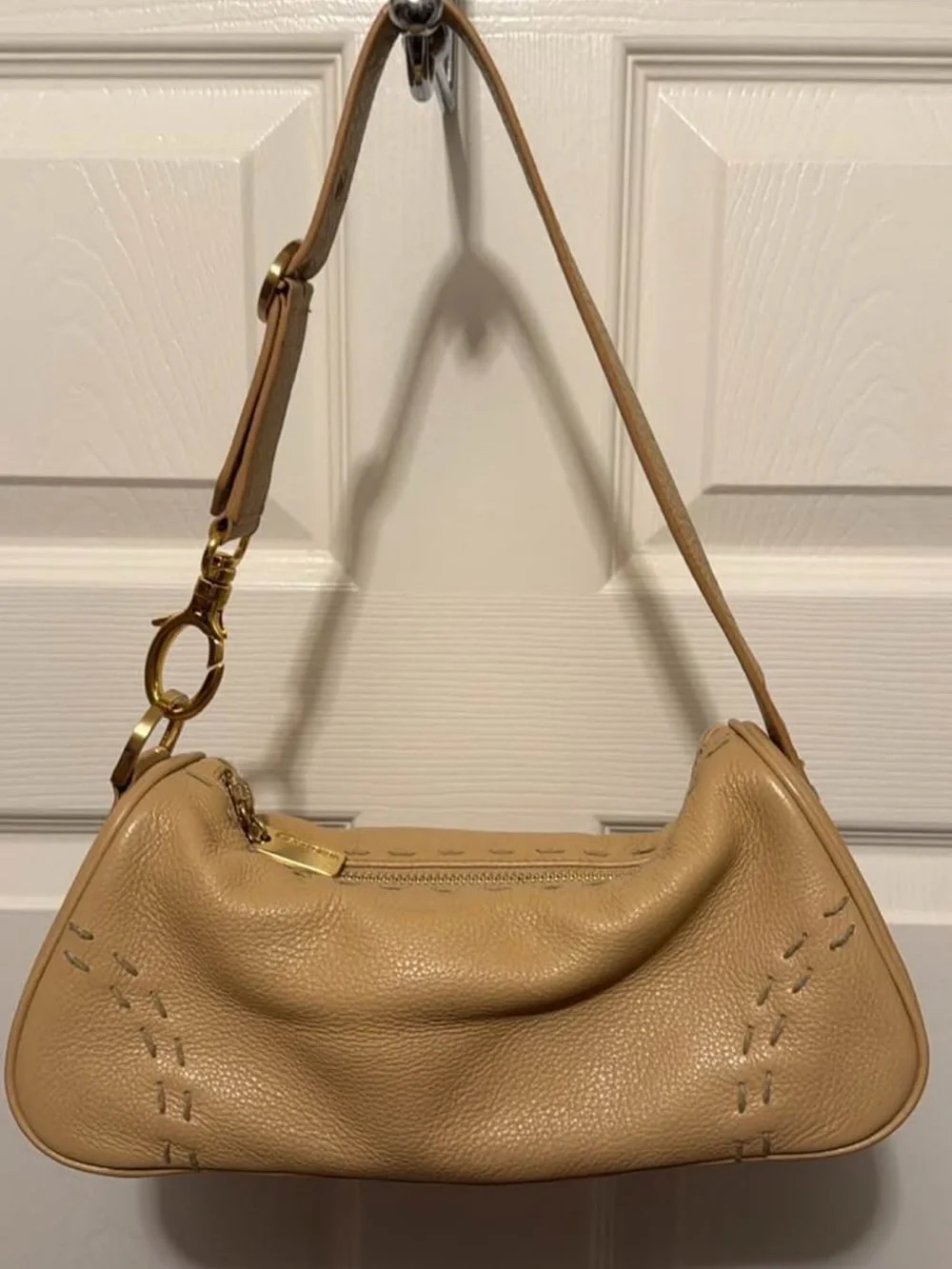 Vintage Sigrid Olsen Pebbled Tan Leather Shoulder Bag with Gold Hardware